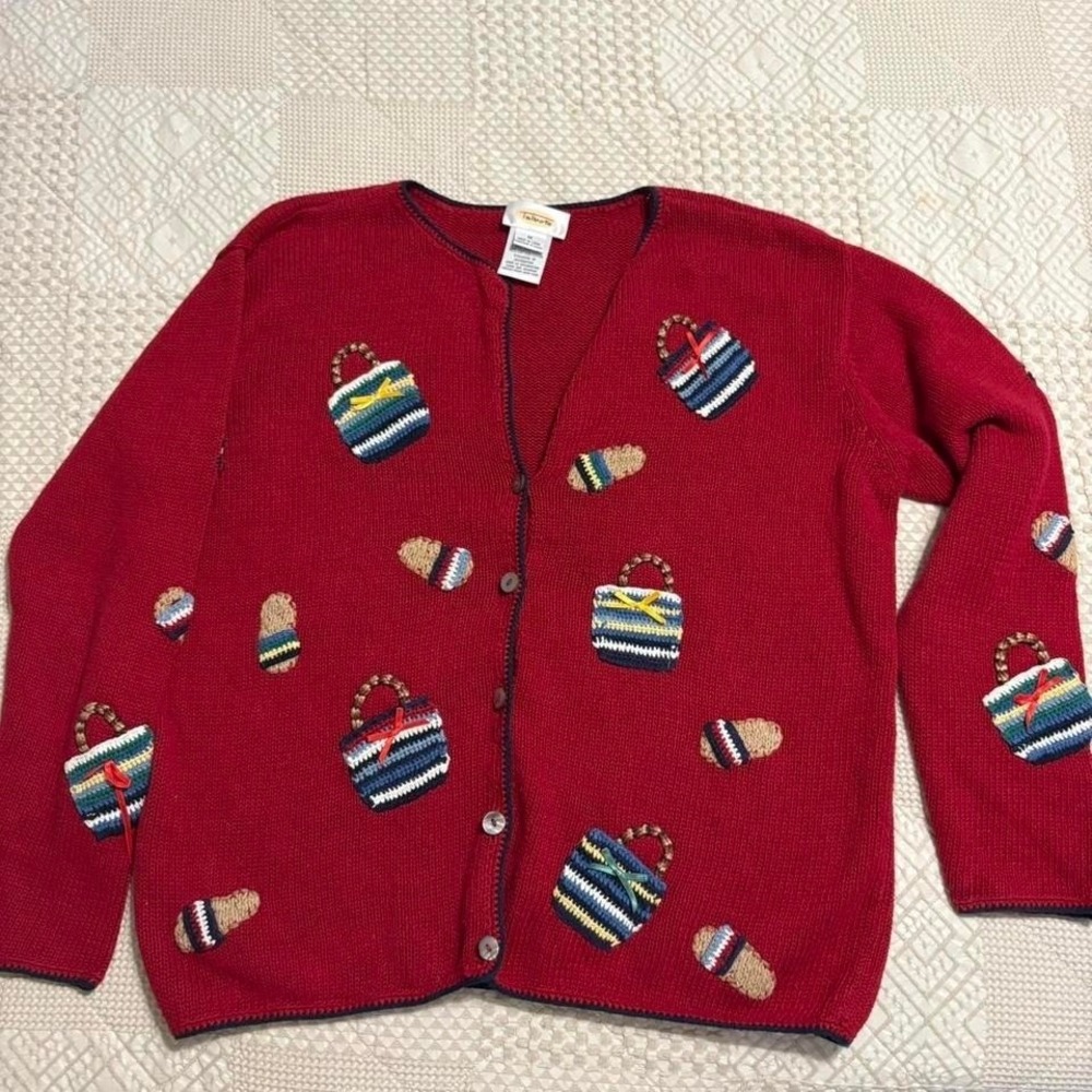 VTG Talbots Red Purse & Shoe Embroidered Cardigan, M